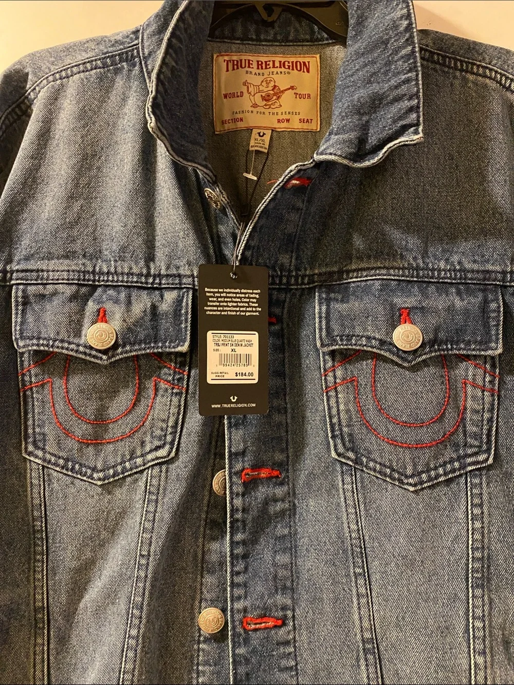 True Religion Cotton Stretch Logo Print Red Thread Blue Denim Jacket NWT